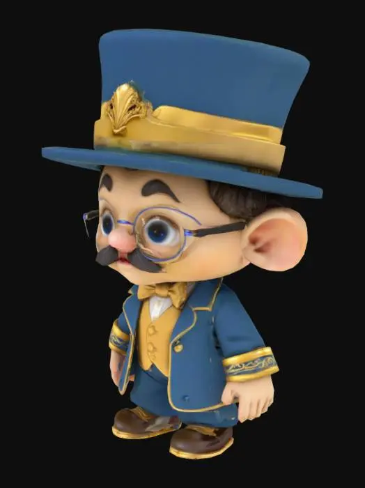 3D model for A distinguished Chibi style Munchkin character with a short, stocky build, oversized head, and expressive features. He wears a formal, blue-and-gold suit with ornate lapels, puffed sleeves, and polished shoes, evoking a regal yet whimsical presence. His round spectacles sit atop a button nose, and his expression is confident yet friendly, with a neatly curled moustache and wide, welcoming eyes. A top hat adorned with a decorative emblem made of the letters Oz completes his look, reinforcing his status. The textures resemble fine fabric with subtle gloss and intricate embroidery. Designed for easy animation, the model balances charm with authority.