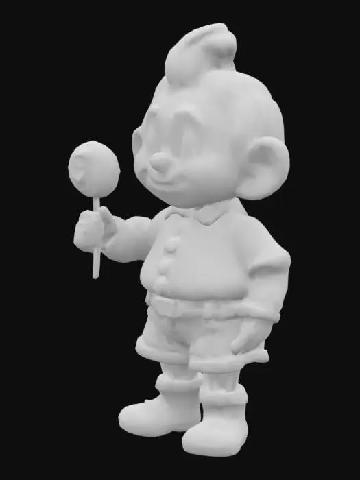 3D model for A stylized Male Chibi Munchkin character with exaggerated proportions—short, stocky build with an oversized head and expressive features. He wears a high-waisted outfit with puffed sleeves and knee-high boots, primarily in blue, accented with complementary colours for contrast. His stance is confident, holding an oversized, colourful lollipop as a signature element. His curled hair tuft adds whimsical charm, and his expression is slightly mischievous with a smirk and bright, wide eyes. The textures resemble vibrant fabrics and glossy candy. The model is designed for easy animation, with flexible joints and smooth materials.