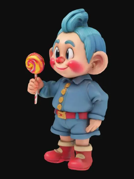 3D model for A stylized Male Chibi Munchkin character with exaggerated proportions—short, stocky build with an oversized head and expressive features. He wears a high-waisted outfit with puffed sleeves and knee-high boots, primarily in blue, accented with complementary colours for contrast. His stance is confident, holding an oversized, colourful lollipop as a signature element. His curled hair tuft adds whimsical charm, and his expression is slightly mischievous with a smirk and bright, wide eyes. The textures resemble vibrant fabrics and glossy candy. The model is designed for easy animation, with flexible joints and smooth materials.