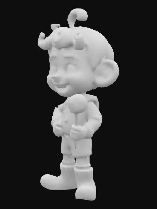 3D model for A stylized Male Chibi Munchkin character with exaggerated proportions—short, stocky build with an oversized head and expressive features. He wears a high-waisted outfit with puffed sleeves and knee-high boots, primarily in blue, accented with complementary colours for contrast. His stance is confident, holding an oversized, colourful lollipop as a signature element. His curled hair tuft adds whimsical charm, and his expression is slightly mischievous with a smirk and bright, wide eyes. The textures resemble vibrant fabrics and glossy candy. The model is designed for easy animation, with flexible joints and smooth materials.