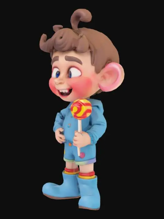 3D model for A stylized Male Chibi Munchkin character with exaggerated proportions—short, stocky build with an oversized head and expressive features. He wears a high-waisted outfit with puffed sleeves and knee-high boots, primarily in blue, accented with complementary colours for contrast. His stance is confident, holding an oversized, colourful lollipop as a signature element. His curled hair tuft adds whimsical charm, and his expression is slightly mischievous with a smirk and bright, wide eyes. The textures resemble vibrant fabrics and glossy candy. The model is designed for easy animation, with flexible joints and smooth materials.