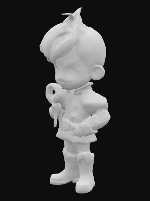 3D model for A stylized Male Chibi Munchkin character with exaggerated proportions—short, stocky build with an oversized head and expressive features. He wears a high-waisted outfit with puffed sleeves and knee-high boots, primarily in blue, accented with complementary colours for contrast. His stance is confident, holding an oversized, colourful lollipop as a signature element. His curled hair tuft adds whimsical charm, and his expression is slightly mischievous with a smirk and bright, wide eyes. The textures resemble vibrant fabrics and glossy candy. The model is designed for easy animation, with flexible joints and smooth materials.