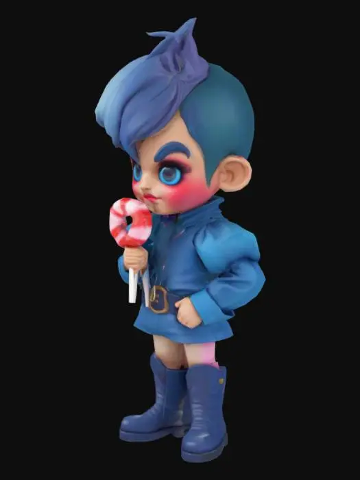 3D model for A stylized Male Chibi Munchkin character with exaggerated proportions—short, stocky build with an oversized head and expressive features. He wears a high-waisted outfit with puffed sleeves and knee-high boots, primarily in blue, accented with complementary colours for contrast. His stance is confident, holding an oversized, colourful lollipop as a signature element. His curled hair tuft adds whimsical charm, and his expression is slightly mischievous with a smirk and bright, wide eyes. The textures resemble vibrant fabrics and glossy candy. The model is designed for easy animation, with flexible joints and smooth materials.