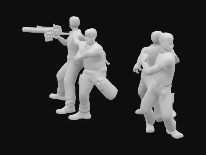 3D model for A 4k render of a horror scene in a forest with moon monsters. A Pyro from Team Fortress 2 is fighting a Heavy and a Spy. The Pyro is on fire and is holding a flamethrower. The Heavy is wearing a red and black striped shirt and a bandana. The Spy is wearing a green and black striped shirt and a black mask. The background contains a village with burning buildings.