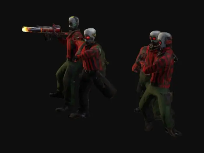 3D model for A 4k render of a horror scene in a forest with moon monsters. A Pyro from Team Fortress 2 is fighting a Heavy and a Spy. The Pyro is on fire and is holding a flamethrower. The Heavy is wearing a red and black striped shirt and a bandana. The Spy is wearing a green and black striped shirt and a black mask. The background contains a village with burning buildings.