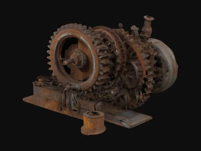 3D model for различные металлические детали с ржавчиной и потертостями. Среди них можно увидеть большую зубчатую шестерню, металлические трубы, болты и гайки, изогнутую трубу, гофрированный лист и винтовую передачу. Все предметы выглядят старыми, изношенными и покрытыми налетом ржавчины, что придает им постапокалиптический или индустриальный стиль.