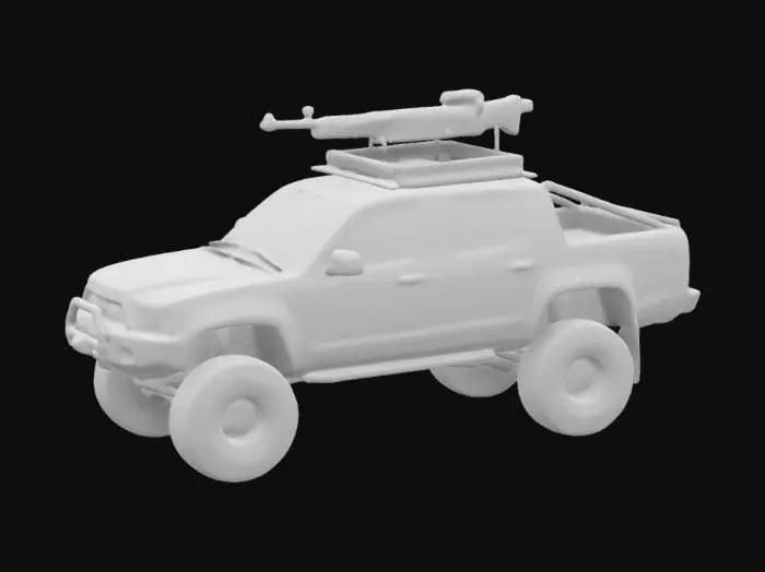 3D model for  модифицированный черный пикап Toyota, припаркованный на асфальте перед зданием с белыми стенами и закрытыми роллетами. У автомобиля массивные внедорожные шины, усиленный бампер, затемненные окна и установленное на крыше вооружение, похожее на пулемет