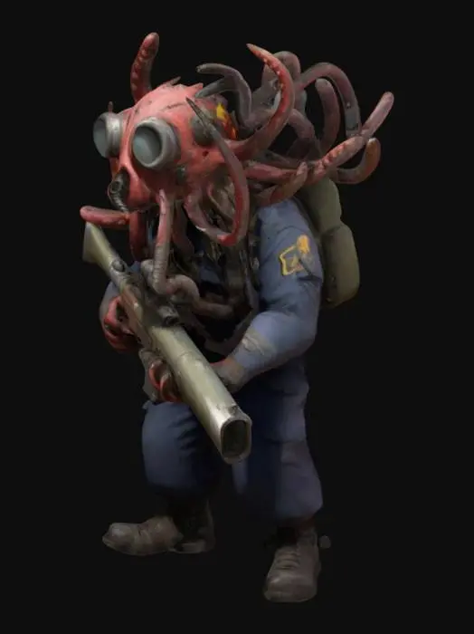 3D model for A 3D render of a monstrous creature in the style of the game Team Fortress 2. The monster has a head with multiple eyes and tentacles. It is wearing a gas mask and a military uniform. The monster is holding a large gun. The background is a war-torn landscape with destroyed buildings., #ChristmasAdventure#