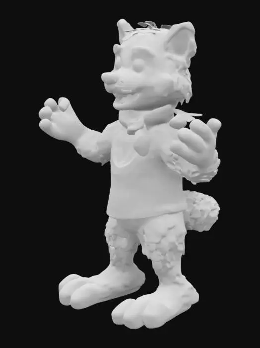 3D model for A 3D render of a furry character wearing a red and black striped shirt and a yellow bandana. The character is playing as the Pyro class in Team Fortress 2. The background is a futuristic city with neon lights and buildings.