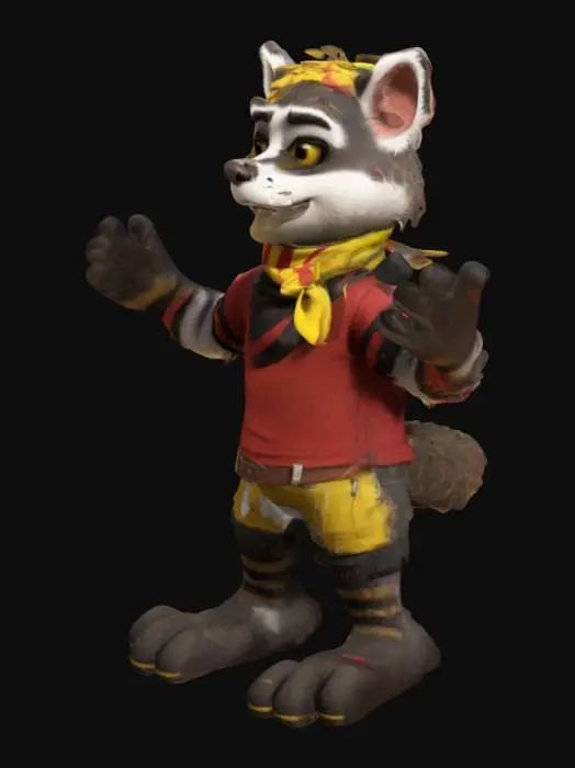 3D model for A 3D render of a furry character wearing a red and black striped shirt and a yellow bandana. The character is playing as the Pyro class in Team Fortress 2. The background is a futuristic city with neon lights and buildings.