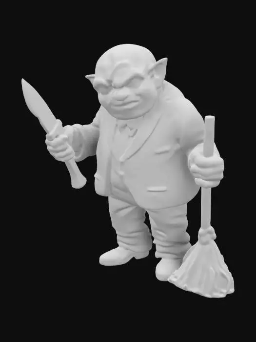 3D model for пугающий гуманоид с уродливой, опухшей головой, напоминающей нечто мясистое и обезображенное. Он одет в старомодный костюм с бабочкой, что только усиливает жуткий контраст между его изысканной одеждой и зловещей внешностью. В одной руке он держит окровавленный нож, а в другой — метлу, как будто готов убить и тут же замести следы.