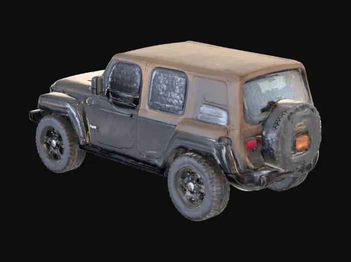3D model for A black Jeep SUV, viewed from the front, exhibits a sturdy and slightly weathered appearance. Its metallic body has a deep black finish, lightly coated with fine dust, hinting at a dull sheen rather than high gloss. The prominent grille features dark, matte plastic vertical slats, while the large, circular headlights appear made of clear glass with some internal texture. A silver metallic "Jeep" logo is embossed on the hood. The windshield is expansive and slightly reflective, with black rubber wipers resting below it.