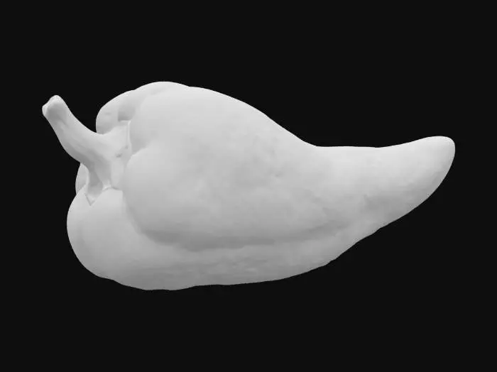 3D model for Generate an image of a singular, freshly harvested chili pepper. The pepper should exhibit an ultra-realistic texture, showcasing minute details like skin pores, subtle wrinkles, and a natural, waxy sheen. Render it as if it's a high-fidelity 3D model, with dramatic lighting that casts defined shadows and highlights, emphasizing its volumetric form and vibrant color.