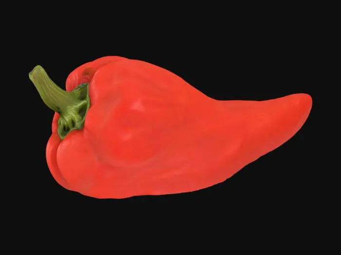3D model for Generate an image of a singular, freshly harvested chili pepper. The pepper should exhibit an ultra-realistic texture, showcasing minute details like skin pores, subtle wrinkles, and a natural, waxy sheen. Render it as if it's a high-fidelity 3D model, with dramatic lighting that casts defined shadows and highlights, emphasizing its volumetric form and vibrant color.