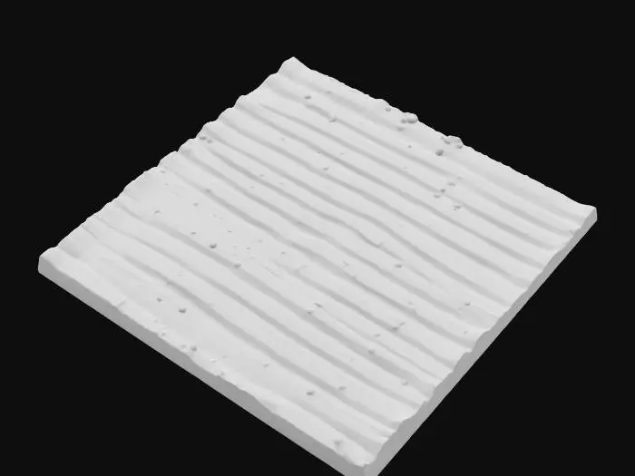 3D model for A realistic patch of dry, tilled soil, shaped as a rectangular plot ready for farming. The surface is characterized by distinct, evenly spaced furrows and ridges, indicative of recent plowing. The earth is a parched, light brown to reddish-brown hue, appearing crumbly and granular. Its texture is rough and arid, with small, broken clumps of dirt that feel brittle and dusty to the touch, reflecting a lack of moisture.