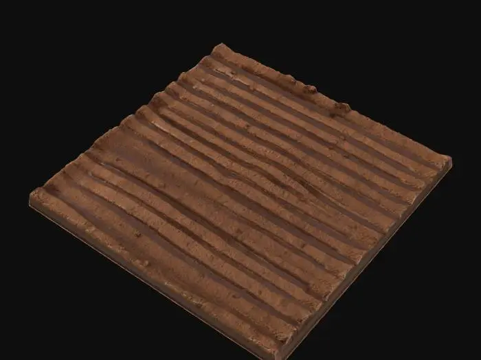 3D model for A realistic patch of dry, tilled soil, shaped as a rectangular plot ready for farming. The surface is characterized by distinct, evenly spaced furrows and ridges, indicative of recent plowing. The earth is a parched, light brown to reddish-brown hue, appearing crumbly and granular. Its texture is rough and arid, with small, broken clumps of dirt that feel brittle and dusty to the touch, reflecting a lack of moisture.