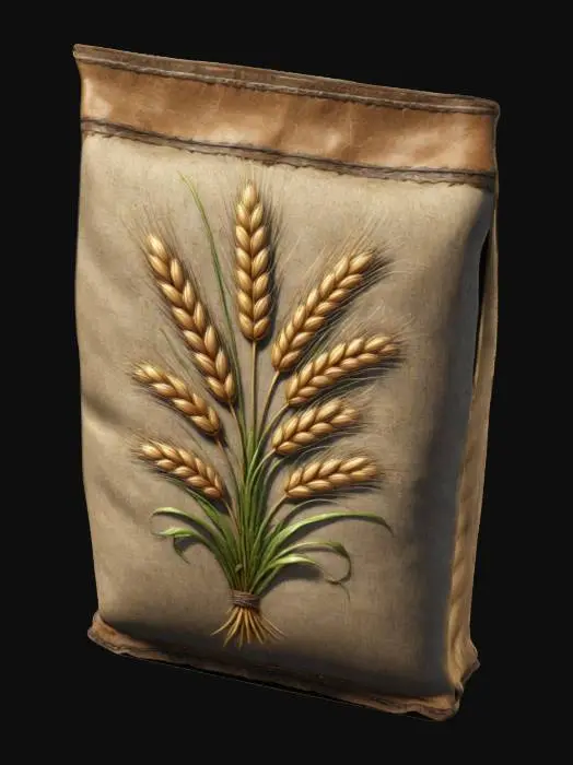 3D model for A 3D seed packet game asset, rectangular with slightly worn edges, made of thick paper with a burlap texture, featuring vibrant green and brown color tones. The packet has a printed label with a stylized seed illustration and bold text reading 'Mystic Seeds.' The art style is semi-realistic, optimized for game engines like Unity, with clean geometry, 4K resolution textures, and subtle dirt stains for a rustic look. The packet is closed with a folded top, standing upright, ready for use in a farming or adventure game, plain background