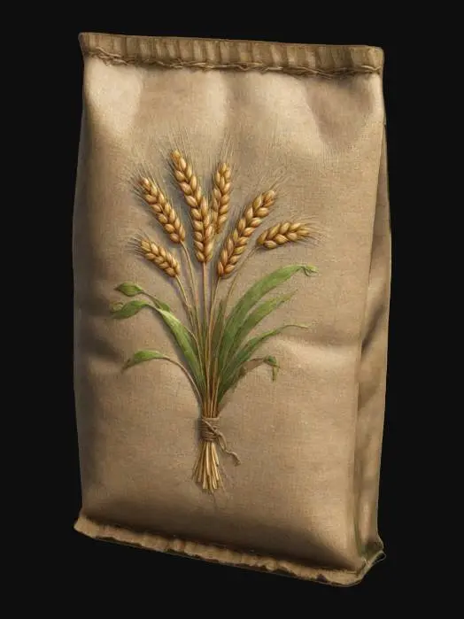 3D model for A 3D seed packet game asset, rectangular with slightly worn edges, made of thick paper with a burlap texture, featuring vibrant green and brown color tones. The packet has a printed label with a stylized seed illustration and bold text reading 'Mystic Seeds.' The art style is semi-realistic, optimized for game engines like Unity, with clean geometry, 4K resolution textures, and subtle dirt stains for a rustic look. The packet is closed with a folded top, standing upright, ready for use in a farming or adventure game, plain background