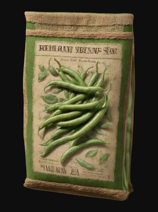 3D model for A 3D seed packet game asset, rectangular with slightly worn edges, made of thick paper with a burlap texture, featuring vibrant green and brown color tones. The packet has a printed label with a stylized seed illustration and bold text reading 'Mystic Seeds.' The art style is semi-realistic, optimized for game engines like Unity, with clean geometry, 4K resolution textures, and subtle dirt stains for a rustic look. The packet is closed with a folded top, standing upright, ready for use in a farming or adventure game, plain background