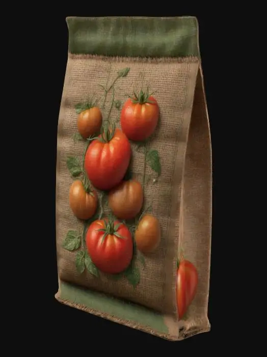 3D model for A 3D seed packet game asset, rectangular with slightly worn edges, made of thick paper with a burlap texture, featuring vibrant green and brown color tones. The packet has a printed label with a stylized seed illustration and bold text reading 'Mystic Seeds.' The art style is semi-realistic, optimized for game engines like Unity, with clean geometry, 4K resolution textures, and subtle dirt stains for a rustic look. The packet is closed with a folded top, standing upright, ready for use in a farming or adventure game, plain background