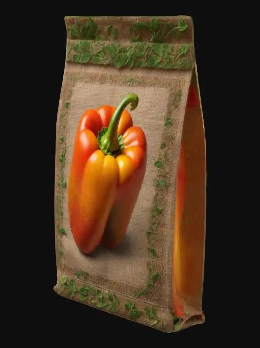 3D model for A 3D seed packet game asset, rectangular with slightly worn edges, made of thick paper with a burlap texture, featuring vibrant green and brown color tones. The packet has a printed label with a stylized seed illustration and bold text reading 'Mystic Seeds.' The art style is semi-realistic, optimized for game engines like Unity, with clean geometry, 4K resolution textures, and subtle dirt stains for a rustic look. The packet is closed with a folded top, standing upright, ready for use in a farming or adventure game, plain background