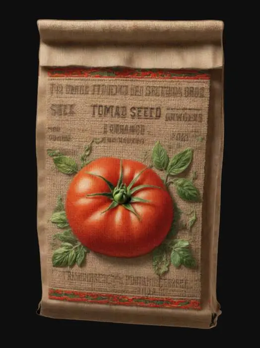3D model for A 3D seed packet game asset, rectangular with slightly worn edges, made of thick paper with a burlap texture, featuring vibrant green and brown color tones. The packet has a printed label with a stylized seed illustration and bold text reading 'Mystic Seeds.' The art style is semi-realistic, optimized for game engines like Unity, with clean geometry, 4K resolution textures, and subtle dirt stains for a rustic look. The packet is closed with a folded top, standing upright, ready for use in a farming or adventure game, plain background