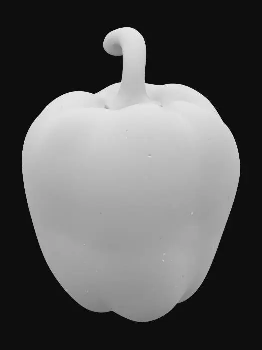 3D model for a singular, freshly harvested Bell Pepper. The Bell Pepper should exhibit an ultra-realistic texture, Render it as if it's a high-fidelity 3D model, with dramatic lighting that casts defined shadows and highlights, emphasizing its volumetric form and vibrant color