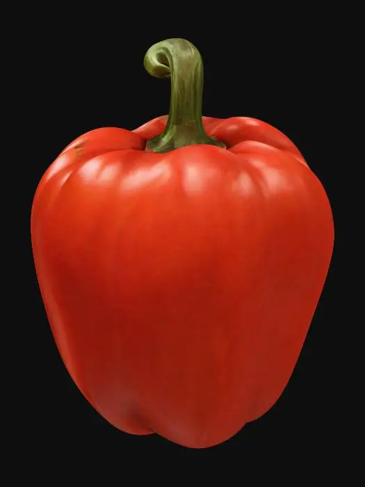 3D model for a singular, freshly harvested Bell Pepper. The Bell Pepper should exhibit an ultra-realistic texture, Render it as if it's a high-fidelity 3D model, with dramatic lighting that casts defined shadows and highlights, emphasizing its volumetric form and vibrant color