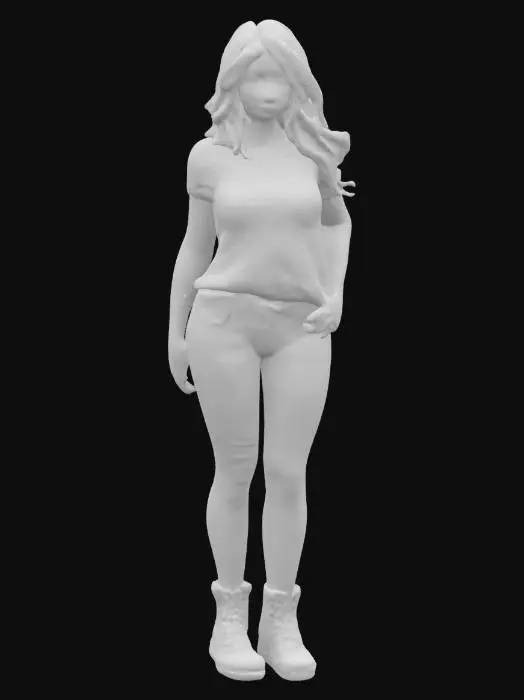 3D model for Full-body female, Ultra-realistic character,  Highly detailed Cotton T-shirt, denim ripped Skinny jeans, leather boots. Highly detailed Long Red-to-magenta wavy luscious hair, curvy figure, natural pose

