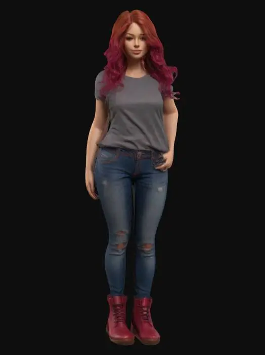 3D model for Full-body female, Ultra-realistic character,  Highly detailed Cotton T-shirt, denim ripped Skinny jeans, leather boots. Highly detailed Long Red-to-magenta wavy luscious hair, curvy figure, natural pose

