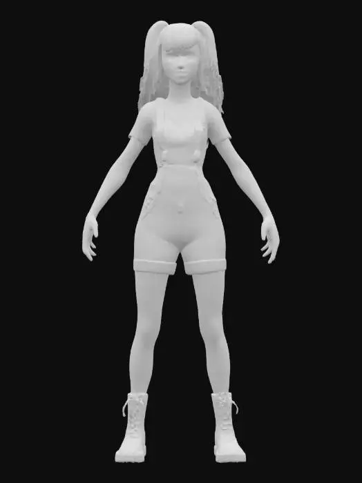 3D model for Ultra Realistic, Highly detailed, Female with vibrant long red luscious hair, wearing a low v-shirt that is white and is patterned with daisies with , Stylized Denim overalls that are shorts and leather brown combat boots. Highly detailed, Ultra realistic, Full Body, A-pose, Symmetrical Body