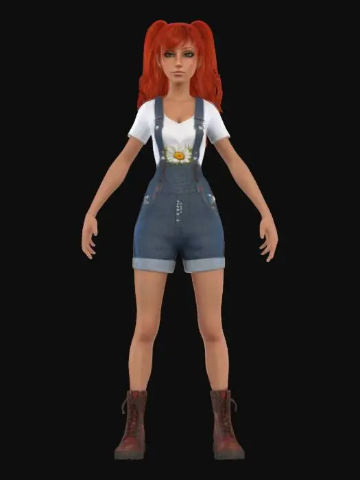 3D model for Ultra Realistic, Highly detailed, Female with vibrant long red luscious hair, wearing a low v-shirt that is white and is patterned with daisies with , Stylized Denim overalls that are shorts and leather brown combat boots. Highly detailed, Ultra realistic, Full Body, A-pose, Symmetrical Body