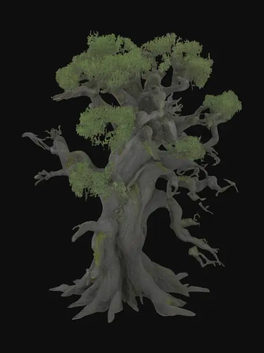 3D model for An ancient, gnarled oak, its colossal trunk twisted and scarred, displays a rugged, deeply furrowed bark of dark grey, almost black, with hints of green moss clinging to its crevices. The immense, sprawling branches are thick and irregular, some bare and skeletal, others holding sparse clusters of leathery, dark green leaves. Its weathered wood feels coarse and unyielding, a testament to centuries of growth.