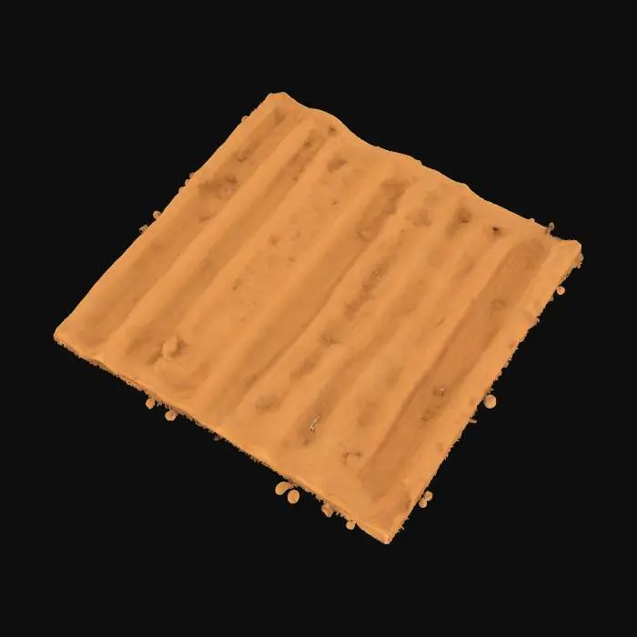 3D model for A realistic patch of dry, tilled soil, shaped as a rectangular plot ready for farming. The surface is characterized by distinct, evenly spaced furrows and ridges, indicative of recent plowing. The earth is a parched, light brown to reddish-brown hue, appearing crumbly and granular. Its texture is rough and arid, with small, broken clumps of dirt that feel brittle and dusty to the touch, reflecting a lack of moisture.