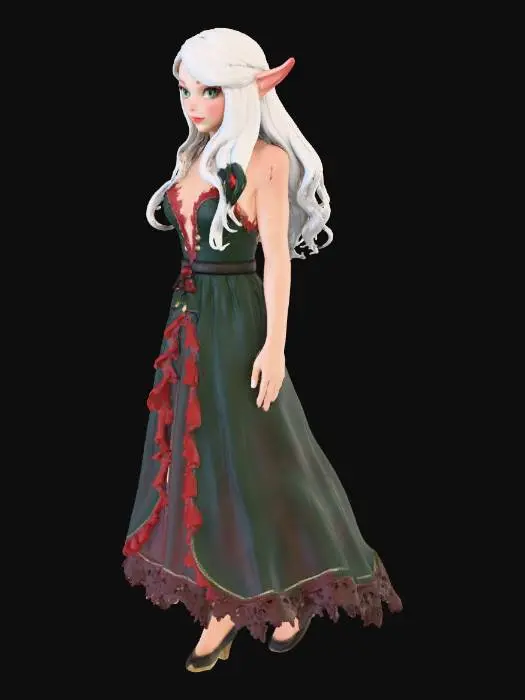 3D model for Create an ultra-detailed, high-resolution 3D character model of a beautiful female elf with long silver hair and expressive green eyes, captured in a dynamic "standing pose" where one hand points out and the other rests on her hip. The elf is wearing a delicate, Christmas-themed short dress featuring intricate crimson red lace and dark green velvet accents, detailed with realistic golden bells on the choker and garter belt. The final render must be clean, utilizing studio-quality lighting to highlight the metallic textures, delicate lace patterns, and the smooth, natural skin texture, all against a clean, neutral background for maximum focus on the character's beautiful face, body, and overall posture., #Christmas2025#, #BeautifulGirl#, #Waifu# #DetailedModel#, #Elf#, #FemaleCharacter#