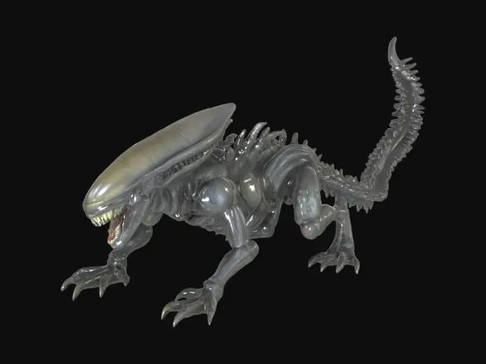 3D model for A very scary Alien xenomorph crawling with its tail ready for attack and his mouth wide open. 3d printable base and easy connections