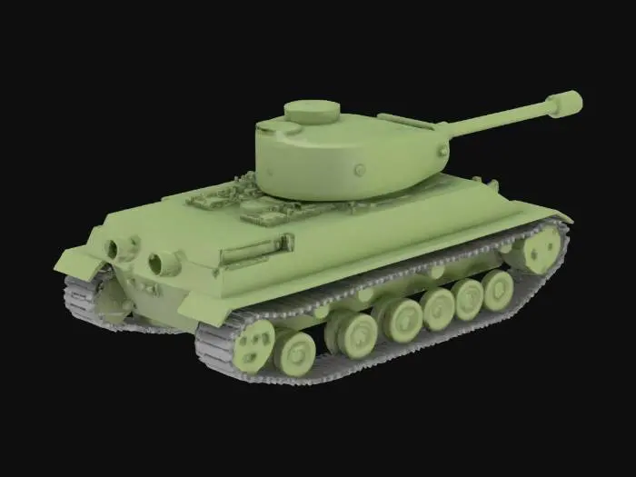 3D model for An easily 3D printable Sherman tank model, characterized by its iconic, robust, and simplified blocky structure. The anticipated material is matte green plastic, implying a smooth, rigid texture that feels solid. It features a recognizable main turret with a long barrel, and a sturdy hull with visible tracks and road wheels. The overall design emphasizes clean lines and reduced intricate details, ensuring reliable printing without compromising its distinct, imposing silhouette.