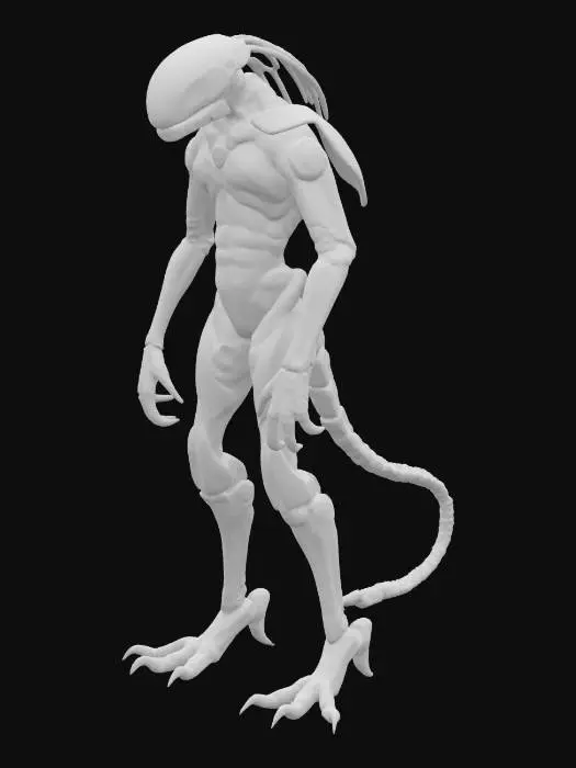 3D model for A bio-mech hybrid, standing tall with a powerful, angular metallic skeleton seamlessly integrated with organic, sinewy flesh. Its surface gleams with polished chrome and matte black panels, contrasting with the pulsating, reddish-brown muscle tissue. Hardened chitinous plates cover joints, providing protection, while fine wires and tubing are visible under translucent skin patches. The overall form is a muscular, bipedal creature, blending industrial precision with raw biological strength, feeling both cold and alive.