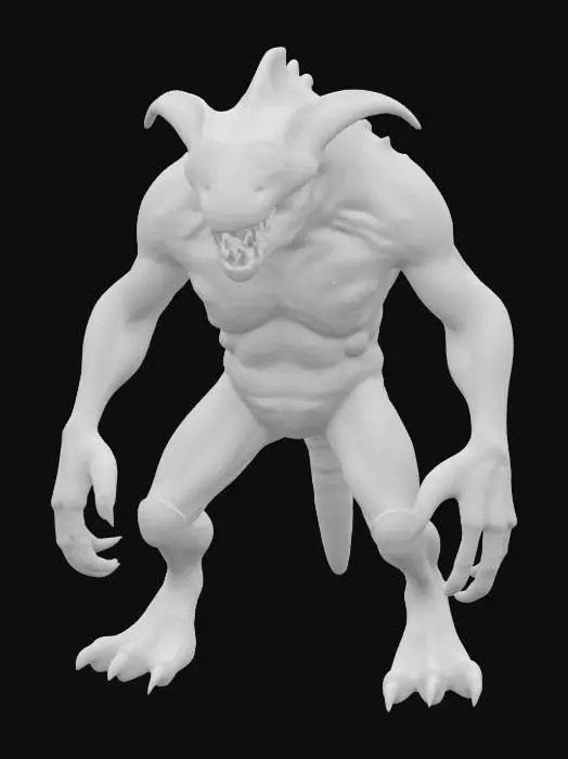 3D model for A grotesque yet captivating monster, designed for 3D printing with a rough, scaly texture that suggests a hardened, leathery hide. Its body is asymmetrical and hunched, supported by thick, gnarled limbs ending in sharp claws. The head is large and misshapen, featuring multiple piercing, unevenly sized eyes and a maw filled with jagged teeth. Its skin appears to be a muted, earthy green, with subtle brown and grey undertones, giving it a primal, menacing presence.