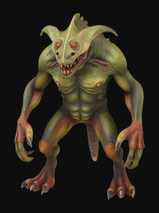 3D model for A grotesque yet captivating monster, designed for 3D printing with a rough, scaly texture that suggests a hardened, leathery hide. Its body is asymmetrical and hunched, supported by thick, gnarled limbs ending in sharp claws. The head is large and misshapen, featuring multiple piercing, unevenly sized eyes and a maw filled with jagged teeth. Its skin appears to be a muted, earthy green, with subtle brown and grey undertones, giving it a primal, menacing presence.