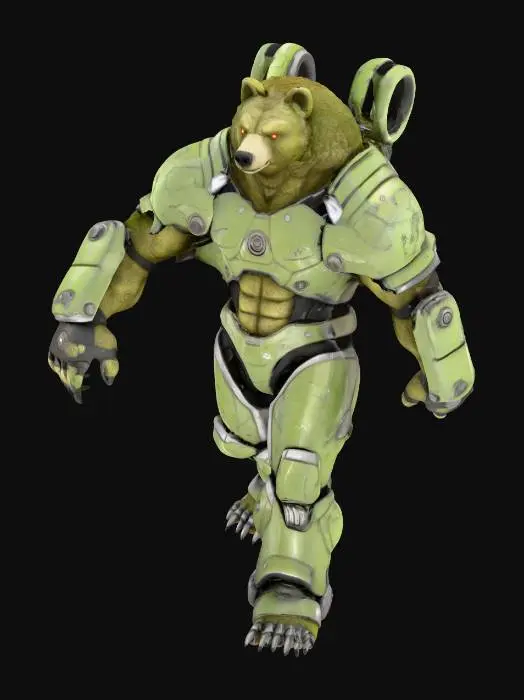 3D model for A hulking, anthropomorphic bear clad in rugged, classic Unreal Tournament-style power armor. The formidable suit is constructed from thick, dark grey and olive green metallic plating, featuring sharp angles and exposed high-tech components. Scratches and battle-worn textures cover the heavy composite, hinting at past conflicts. Its helmet is designed with a stylized bear's snout and glowing crimson visors, while integrated shoulder cannons and articulated limbs emphasize its imposing, combat-ready posture. The overall look is heavily armored, gritty, and powerful.