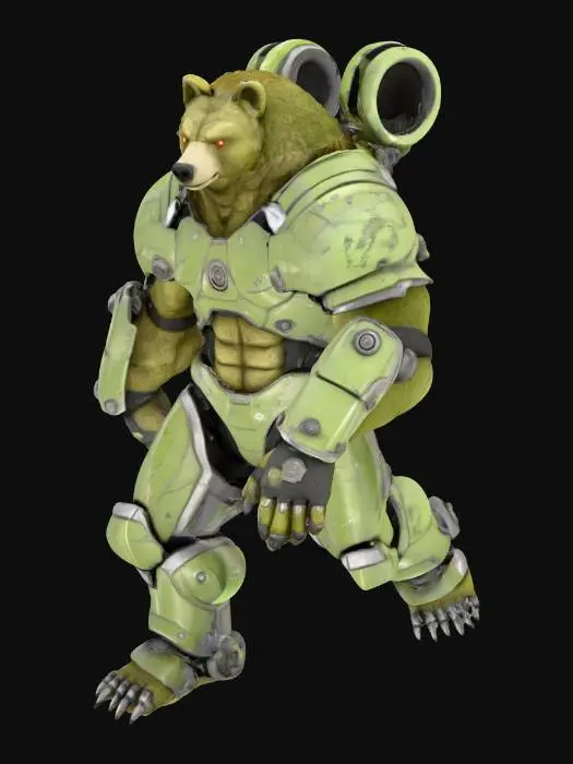 3D model for A hulking, anthropomorphic bear clad in rugged, classic Unreal Tournament-style power armor. The formidable suit is constructed from thick, dark grey and olive green metallic plating, featuring sharp angles and exposed high-tech components. Scratches and battle-worn textures cover the heavy composite, hinting at past conflicts. Its helmet is designed with a stylized bear's snout and glowing crimson visors, while integrated shoulder cannons and articulated limbs emphasize its imposing, combat-ready posture. The overall look is heavily armored, gritty, and powerful.
