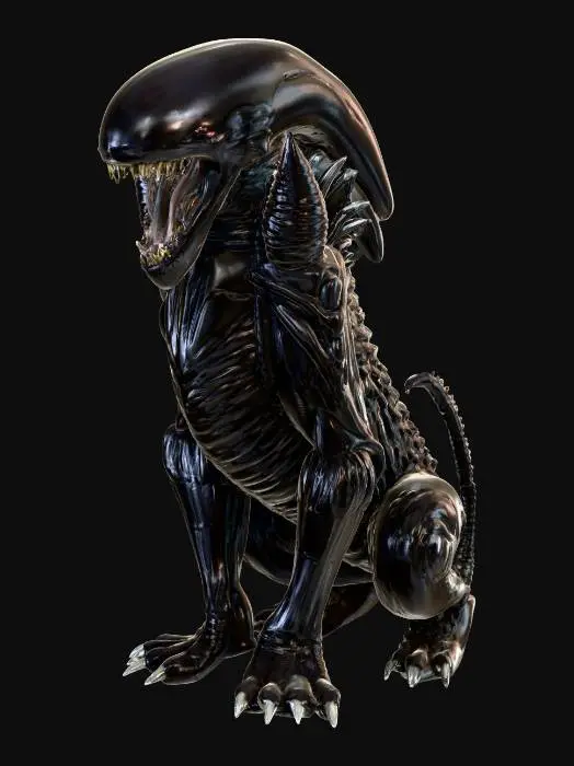 3D model for A terrifying xenomorph-style lion animal-like monster, powerfully built on four muscular legs like a large feline. Its entire body is encased in segmented, jet-black chitinous armor, which glistens with an oily sheen. The head is elongated and smooth, distinctly xenomorphic, devoid of eyes, and features the iconic inner jaw partially visible within its maw. Sharp, serrated claws extend from its paws, and a long, whip-like tail, tipped with a blade, coils behind it. The surface appears hard and cold, with a slightly ridged texture.