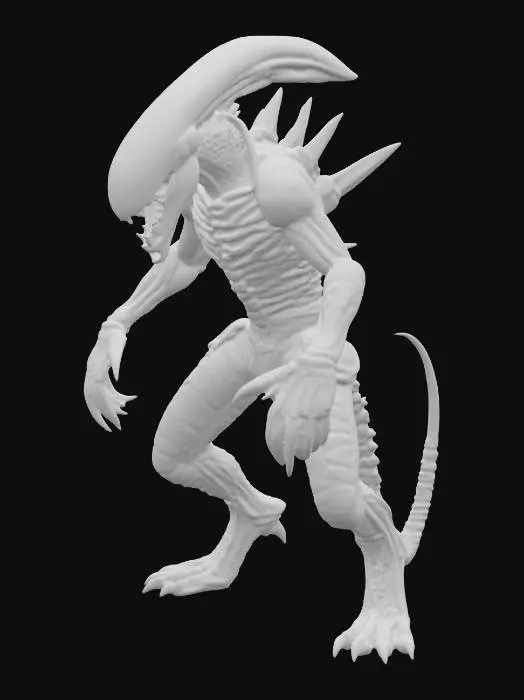 3D model for A terrifying xenomorph-style lion animal-like monster, powerfully built on four muscular legs like a large feline. Its entire body is encased in segmented, jet-black chitinous armor, which glistens with an oily sheen. The head is elongated and smooth, distinctly xenomorphic, devoid of eyes, and features the iconic inner jaw partially visible within its maw. Sharp, serrated claws extend from its paws, and a long, whip-like tail, tipped with a blade, coils behind it. The surface appears hard and cold, with a slightly ridged texture.