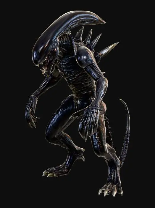 3D model for A terrifying xenomorph-style lion animal-like monster, powerfully built on four muscular legs like a large feline. Its entire body is encased in segmented, jet-black chitinous armor, which glistens with an oily sheen. The head is elongated and smooth, distinctly xenomorphic, devoid of eyes, and features the iconic inner jaw partially visible within its maw. Sharp, serrated claws extend from its paws, and a long, whip-like tail, tipped with a blade, coils behind it. The surface appears hard and cold, with a slightly ridged texture.