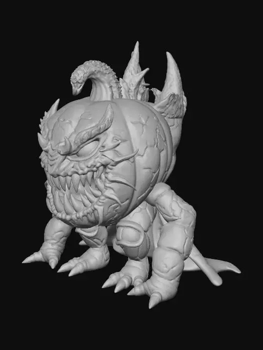 3D model for #Halloween2025#, A monstrous, heavily armored demon pumpkin with overlapping, jagged plates resembling scales, glowing molten cracks emitting from within, and a fierce, snarling mouth. The bottom is perfectly flat for stable 3D printing.