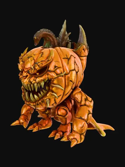 3D model for #Halloween2025#, A monstrous, heavily armored demon pumpkin with overlapping, jagged plates resembling scales, glowing molten cracks emitting from within, and a fierce, snarling mouth. The bottom is perfectly flat for stable 3D printing.