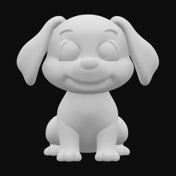 3D model for A charming, cartoony puppy presents a simplified, rounded form, emphasizing smooth, cohesive shapes. Its compact body and short, stumpy legs are covered in a plush-looking, soft-touch material, perhaps a warm light brown or cream, with a uniform, gentle texture. The oversized, round head features large, innocent eyes and a small button nose, framed by floppy ears. A short, curled tail completes its adorable, simplified silhouette, designed with minimal overhangs and distinct, chunky features for clear definition.