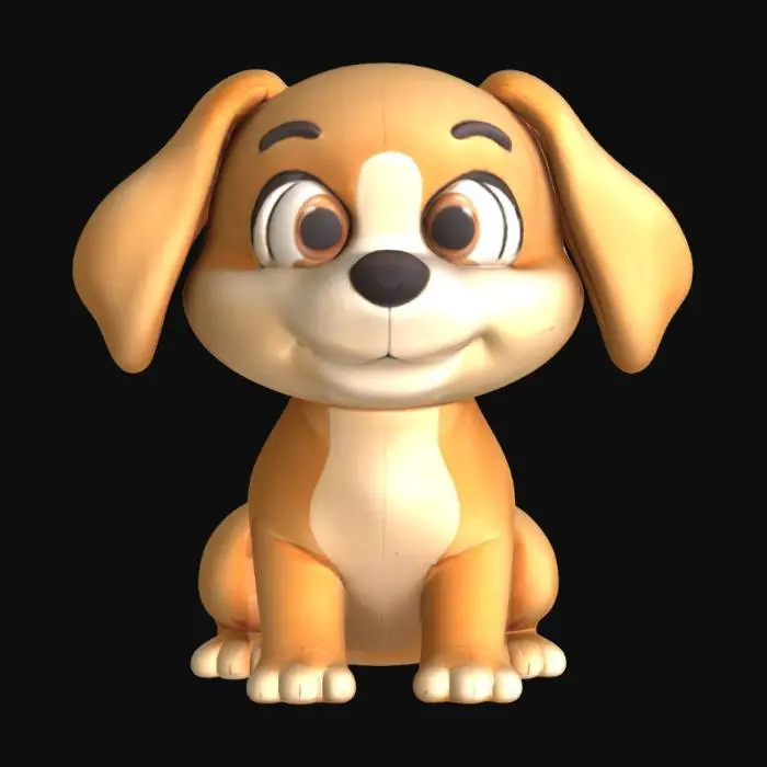 3D model for A charming, cartoony puppy presents a simplified, rounded form, emphasizing smooth, cohesive shapes. Its compact body and short, stumpy legs are covered in a plush-looking, soft-touch material, perhaps a warm light brown or cream, with a uniform, gentle texture. The oversized, round head features large, innocent eyes and a small button nose, framed by floppy ears. A short, curled tail completes its adorable, simplified silhouette, designed with minimal overhangs and distinct, chunky features for clear definition.