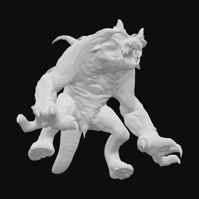 3D model for A grotesque yet captivating monster, designed for 3D printing with a rough, scaly texture that suggests a hardened, leathery hide. Its body is asymmetrical and hunched, supported by thick, gnarled limbs ending in sharp claws. The head is large and misshapen, featuring multiple piercing, unevenly sized eyes and a maw filled with jagged teeth. Its skin appears to be a muted, earthy green, with subtle brown and grey undertones, giving it a primal, menacing presence.